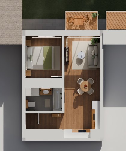 Rzut mieszkania z góry: hol, łazienka z wanną, pokój, salon z aneksem i balkon